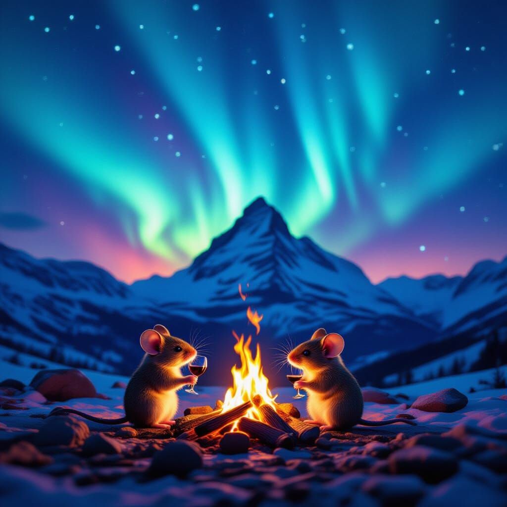 Adorable Mice Admire Fractal Auroras on Mountain Peak