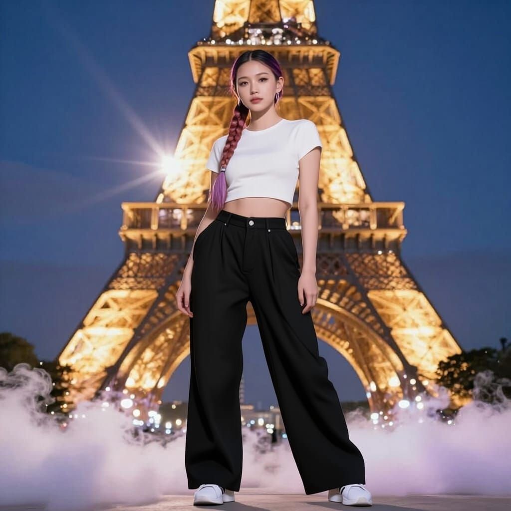Woman Braids Lavender Hair Posing Eiffel Tower Night