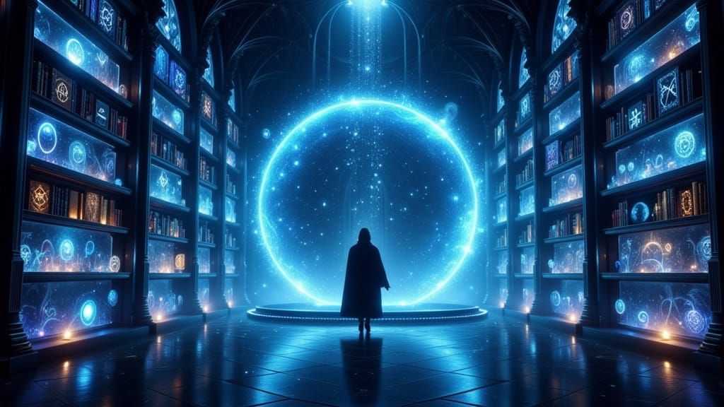 Cosmic Library of Infinite Knowledge with Mystical Orbs