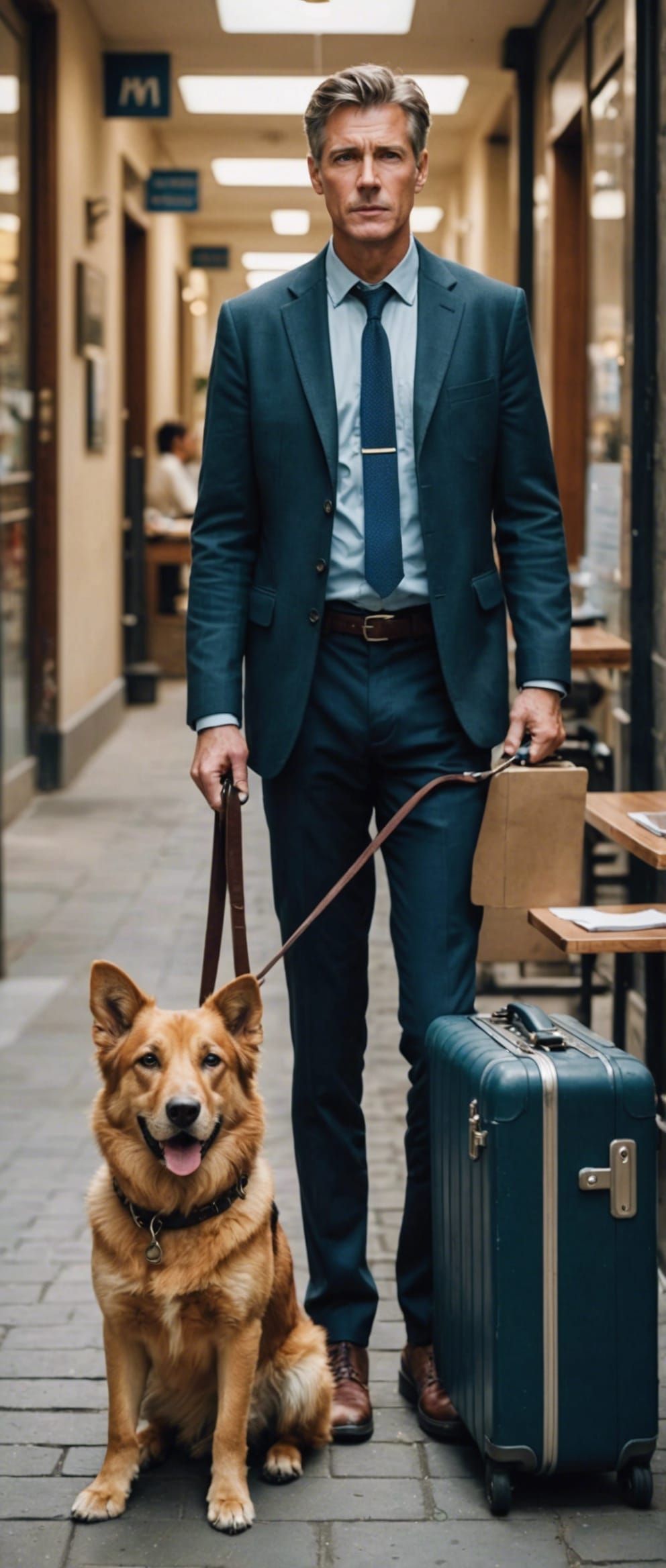 his prompt contains prohibited words: "a neolithic business man standing in front of a table with a lapdog ontop of it t...