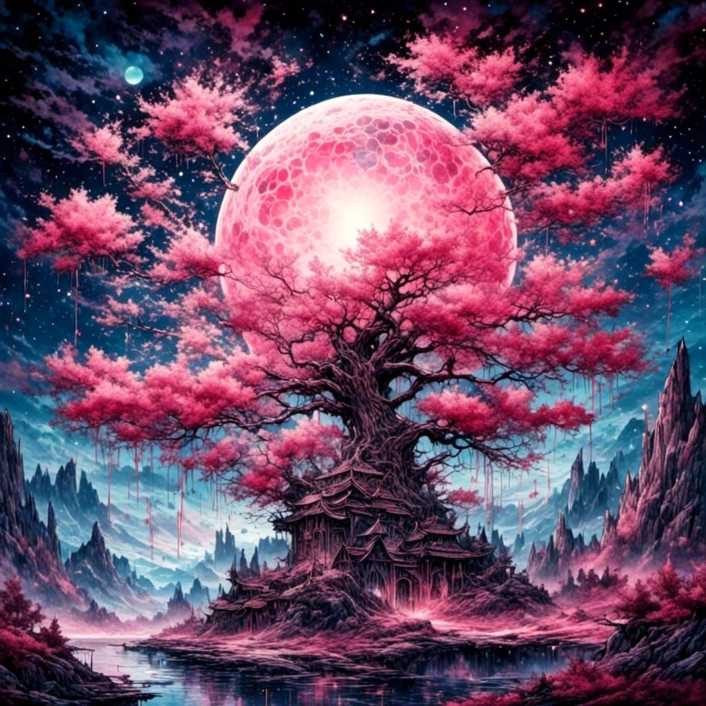 Exploding Cherry Nebula in Watercolor Style