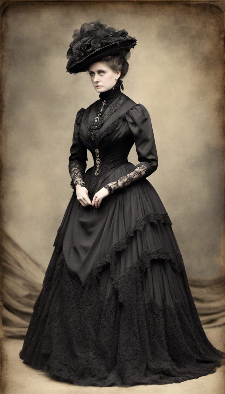 Victorian Widow in Black Lace Mourning Gown