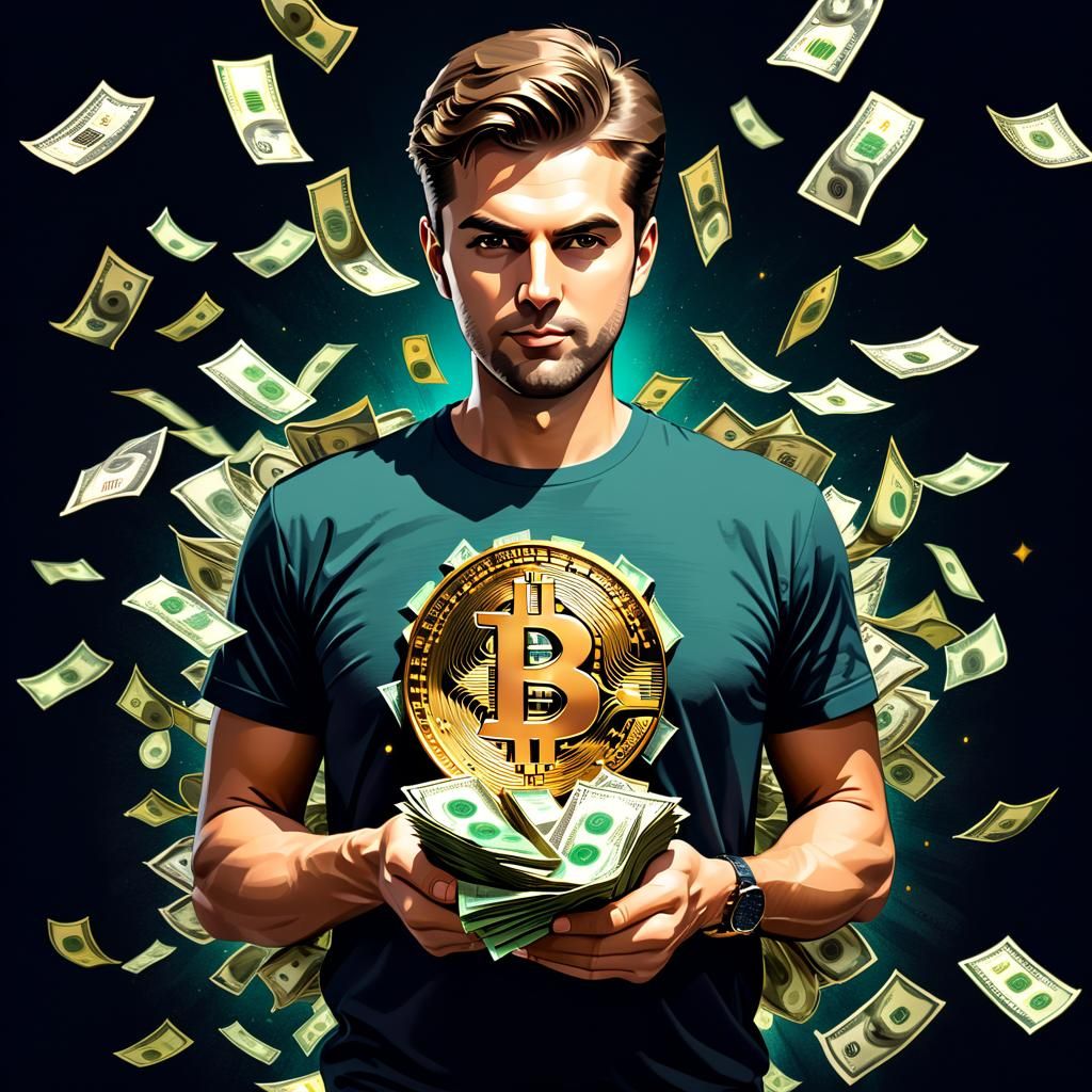 Bitcoin Yuppie with Cash in Expressionist Style
