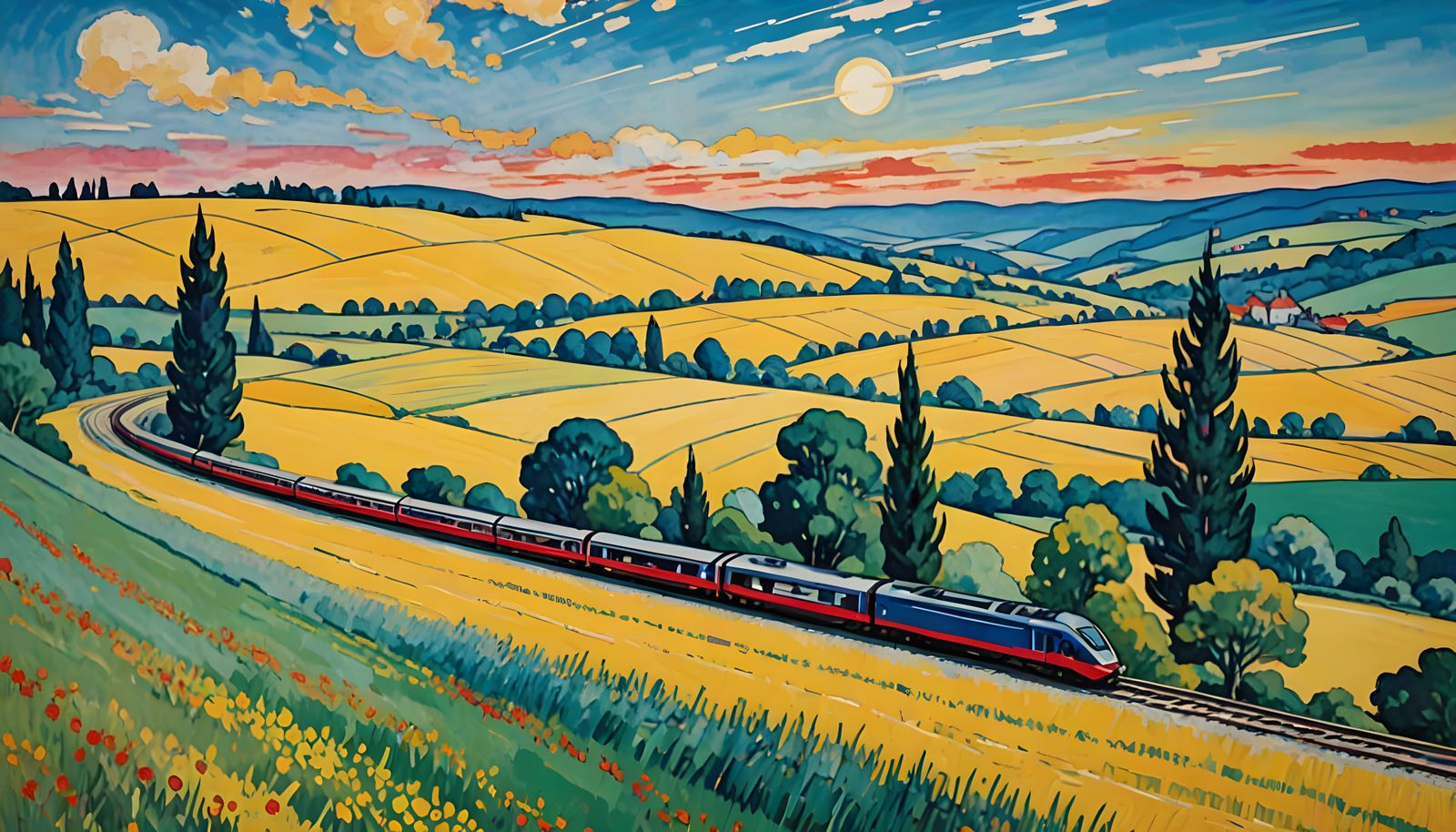 Expressionist Train Painting with Dynamic Lines