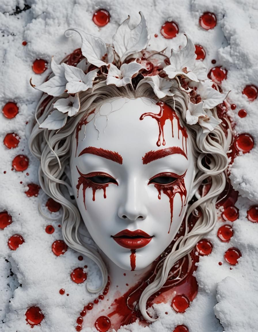 Porcelain Mask on Bloody Snow: Realistic AI Image