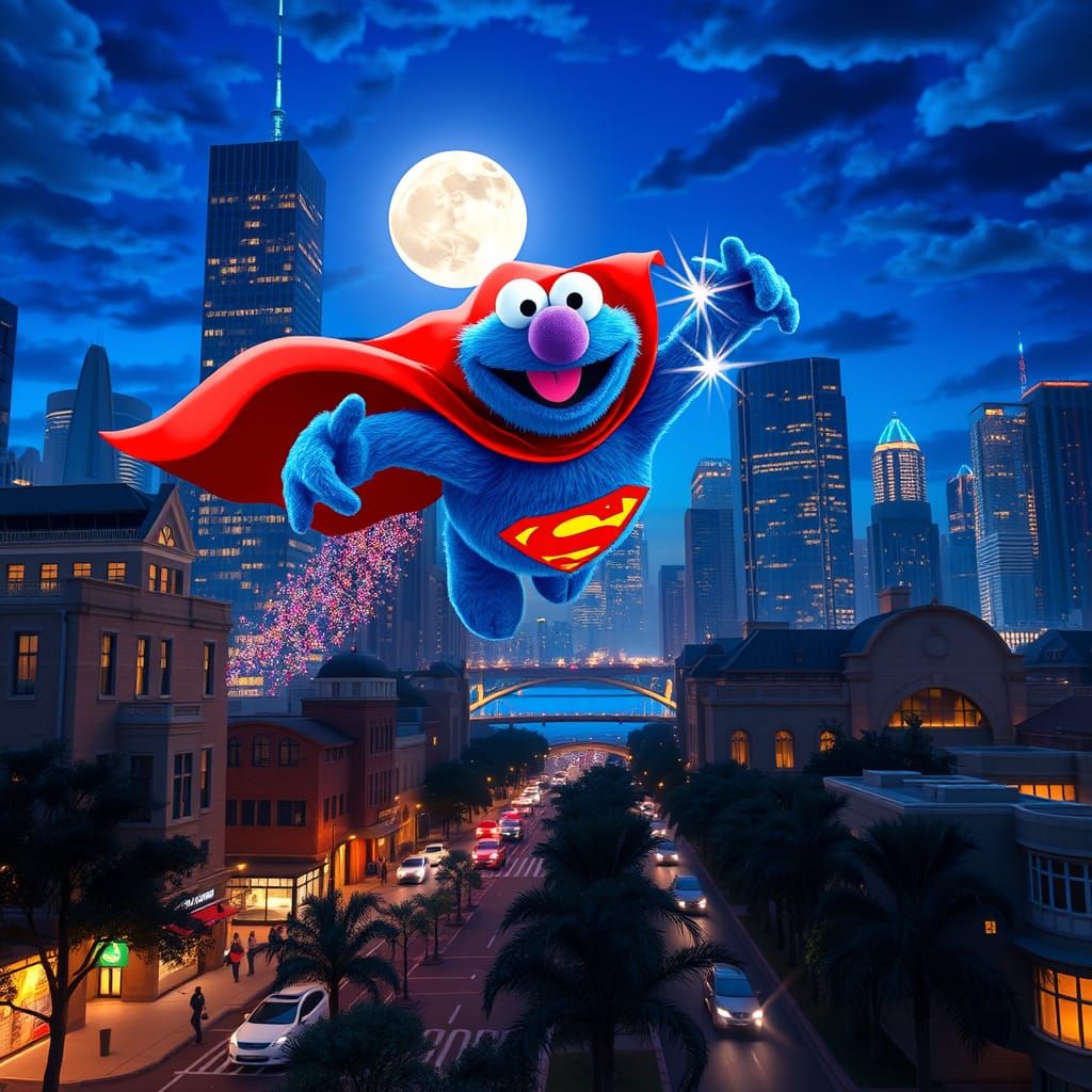 Majestic Blue Muppet Soars Through Moonlit Cityscape