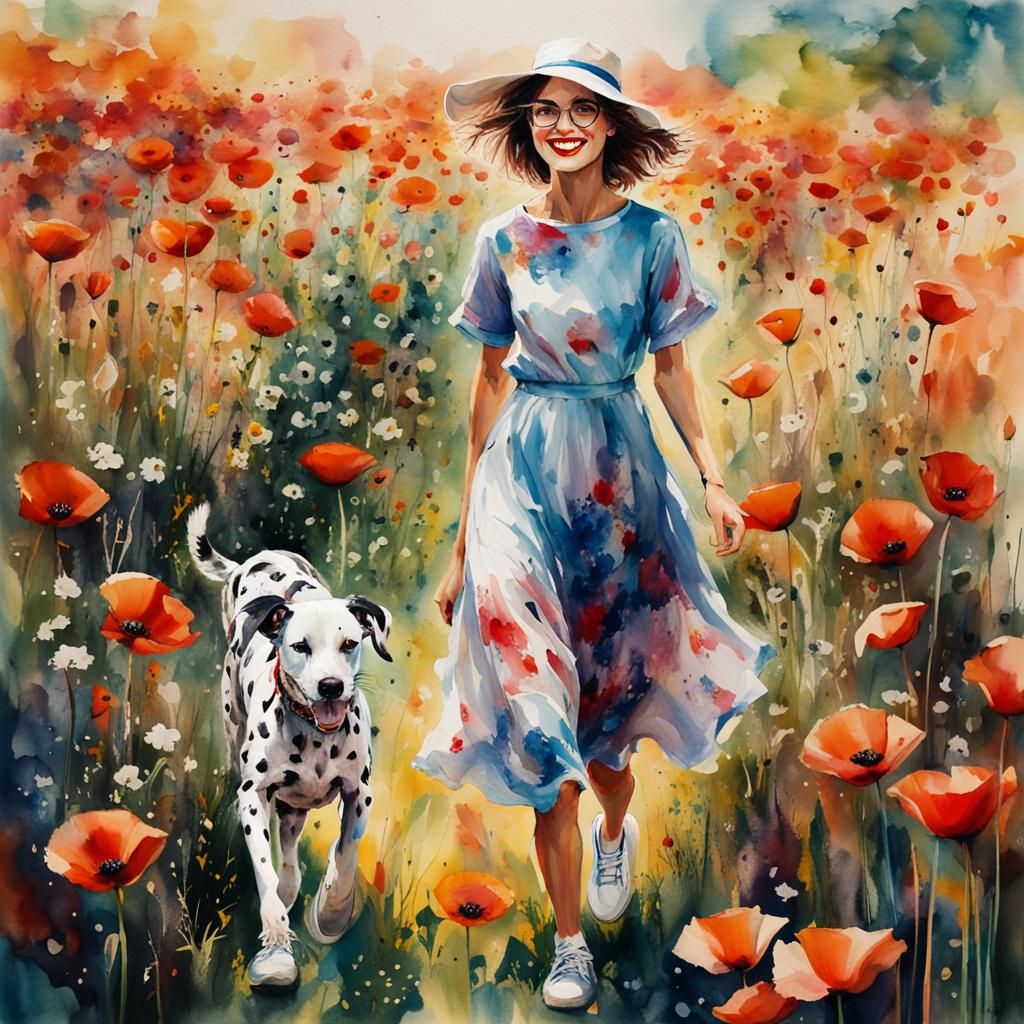 Fashionista with Dalmatian in Poppy Field Art