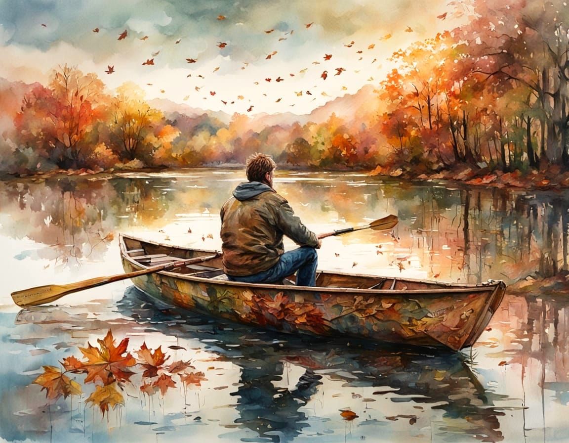 Autumn Sunset: Man Rowing Boat in Watercolor Style