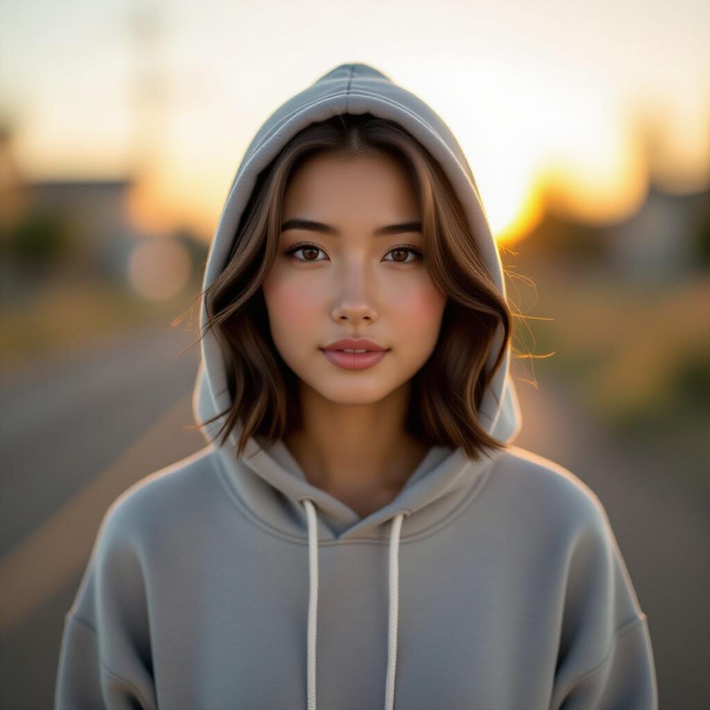 Young Asian Woman in Hoodie, Golden Hour Cinematic Shot