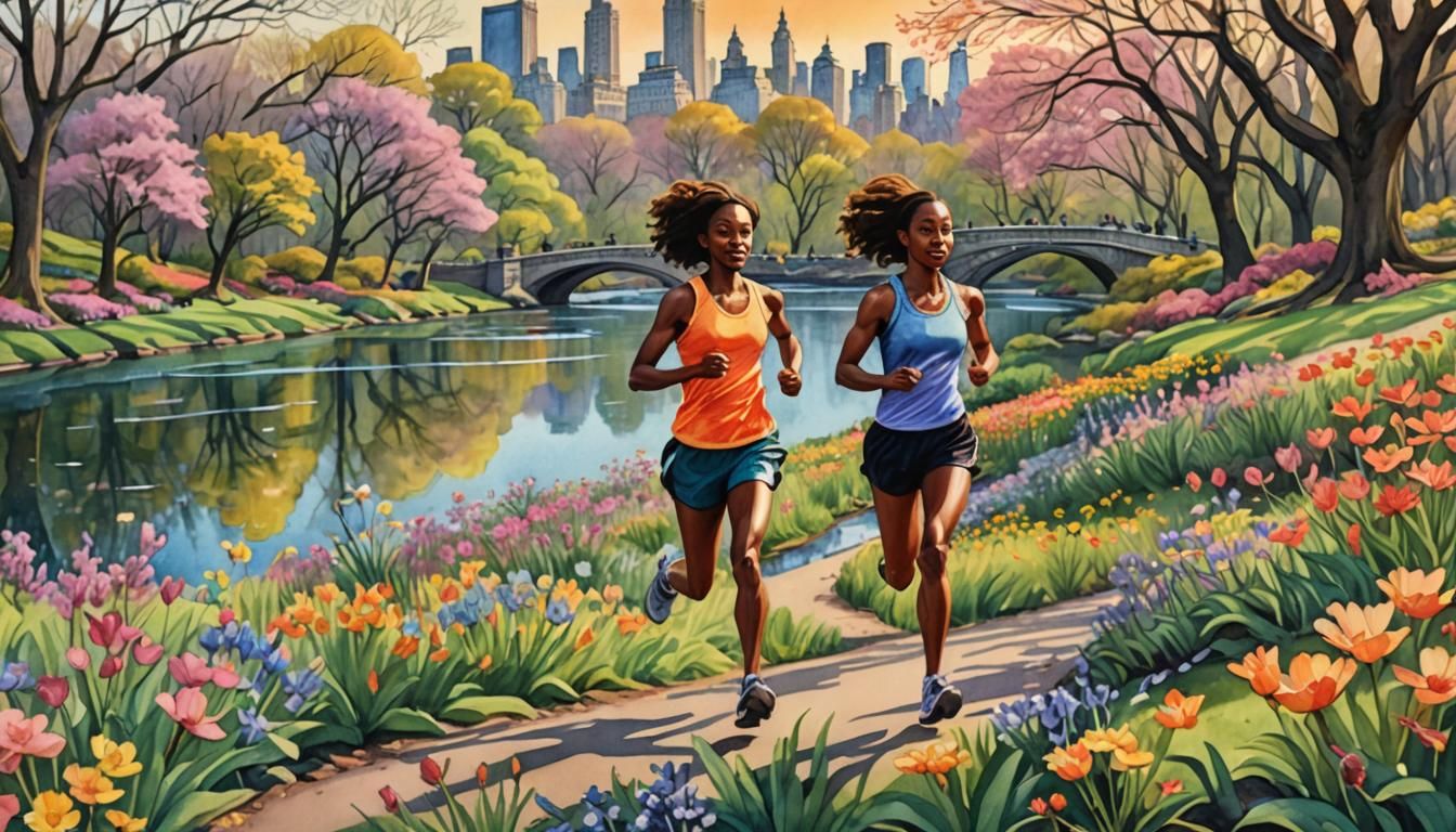 Joggers in Central Park: A Watercolor Painting