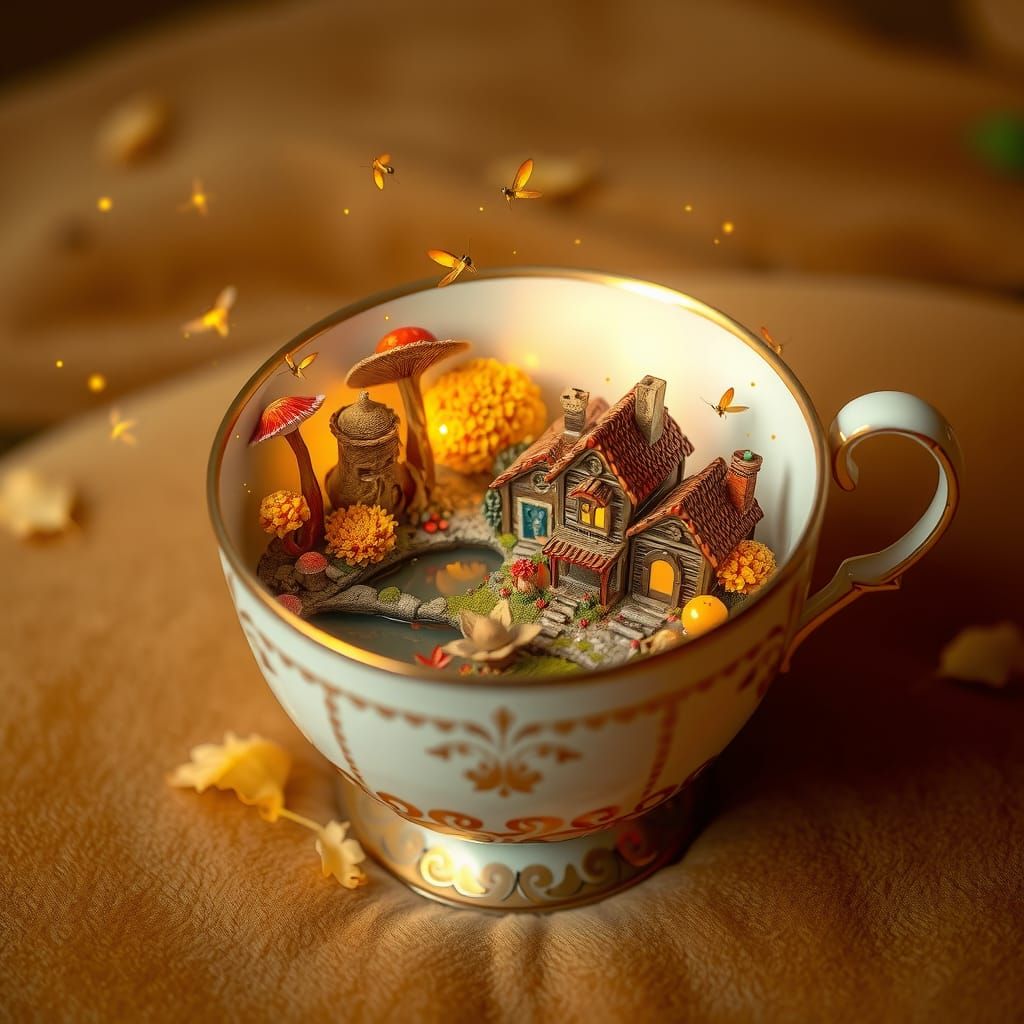 Miniature Autumn Fantasy World Inside Teacup