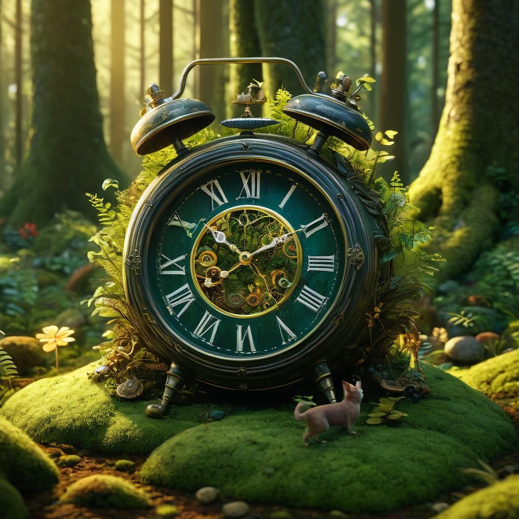 Whimsical Clock with Legs in Fantasy Forest