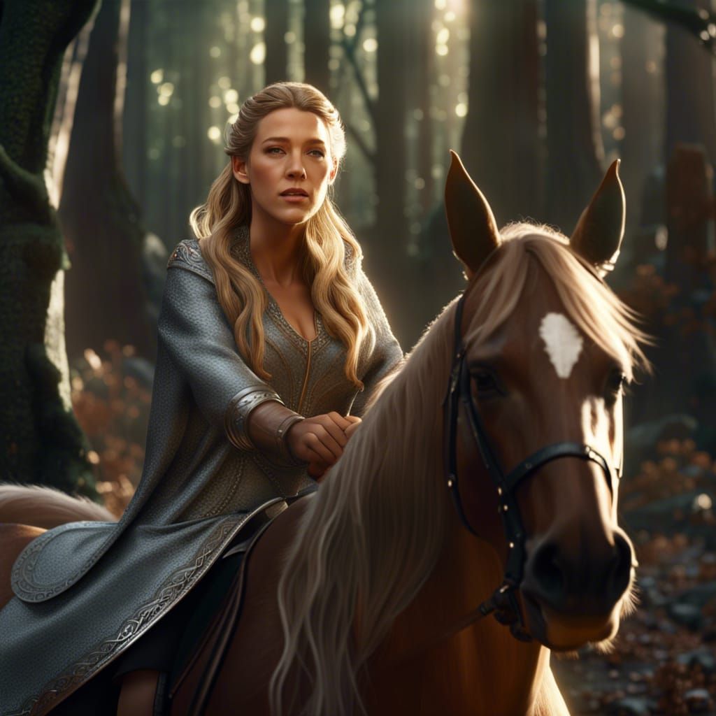 Elven Princess on Horseback in Forest, Digital Art