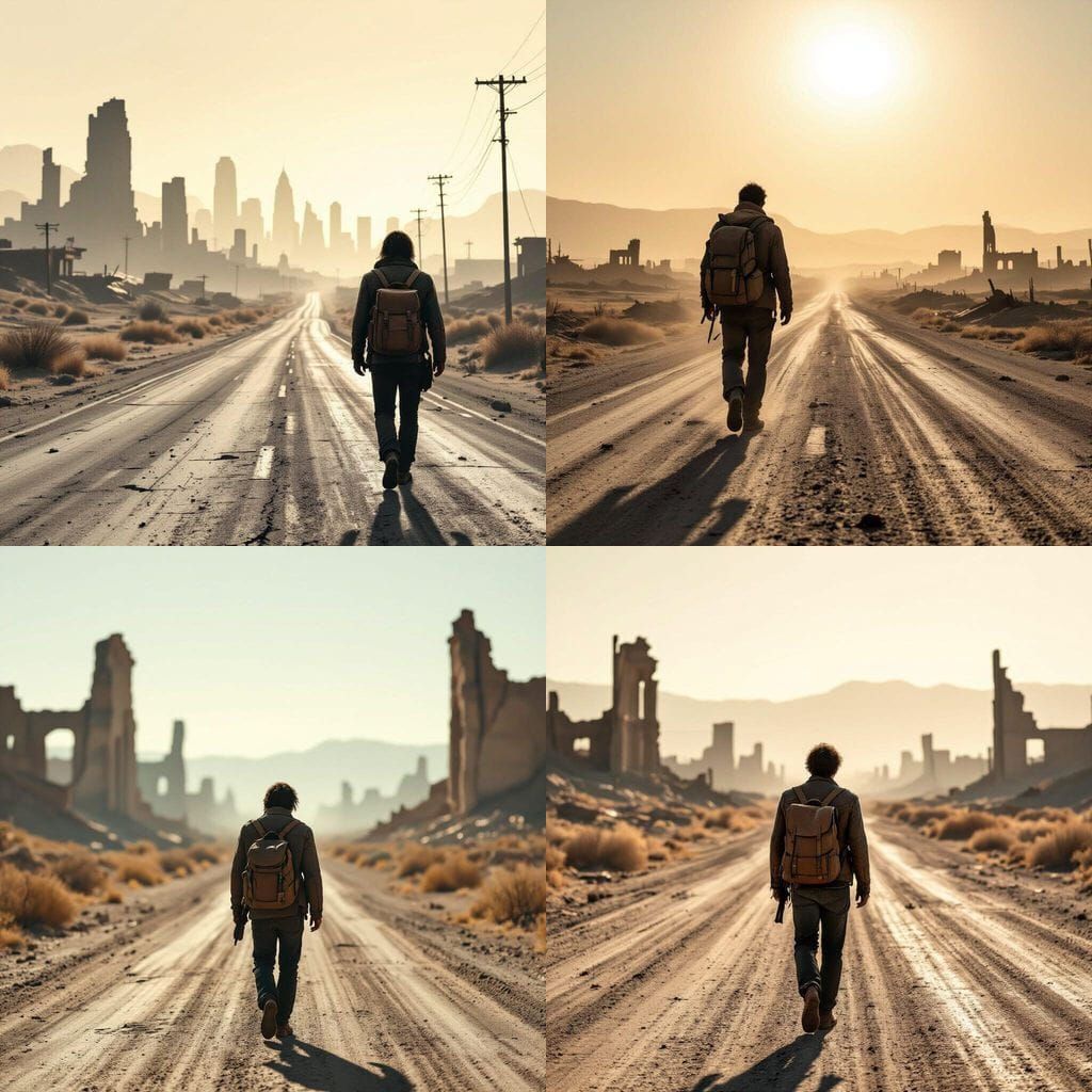 Post-Apocalyptic Film Shot of a Traveler on a Dusty Highway