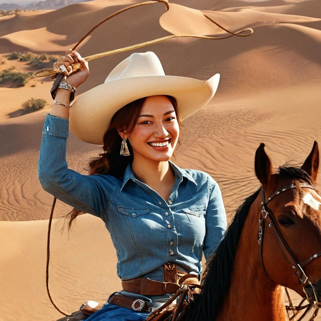Smiling Cowgirl on Horseback in Desert Landscape
