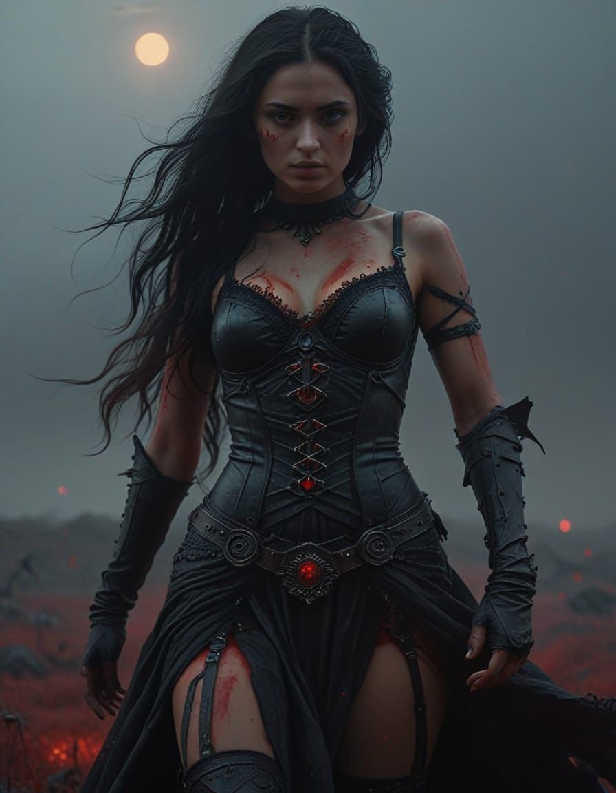 Ethereal Gothic Goddess in Apocalyptic Moonlit Landscape