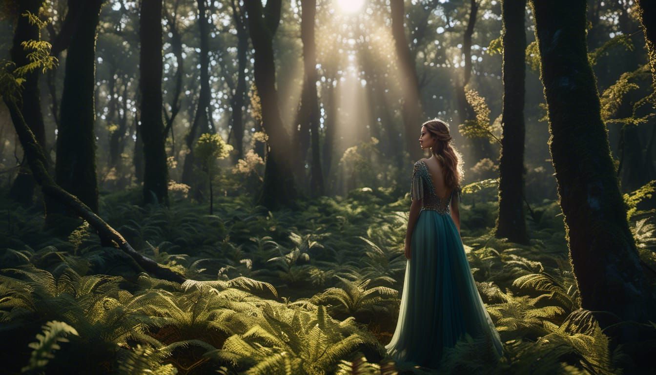 Sunlit Forest Clearing with Young Woman