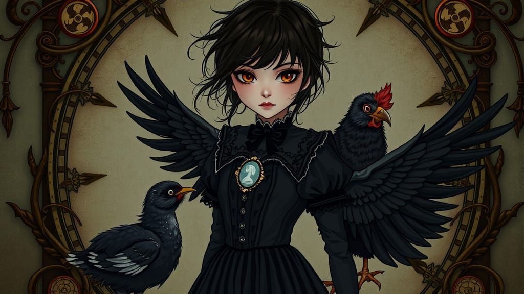 Victorian Woman with Chick in Gothic Style