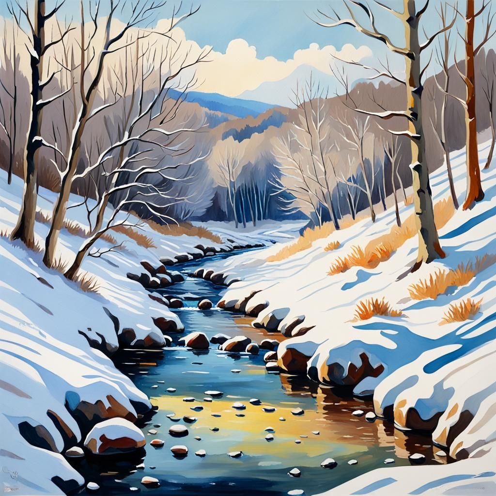 Winter Landscape with Titmice in Gouache Style