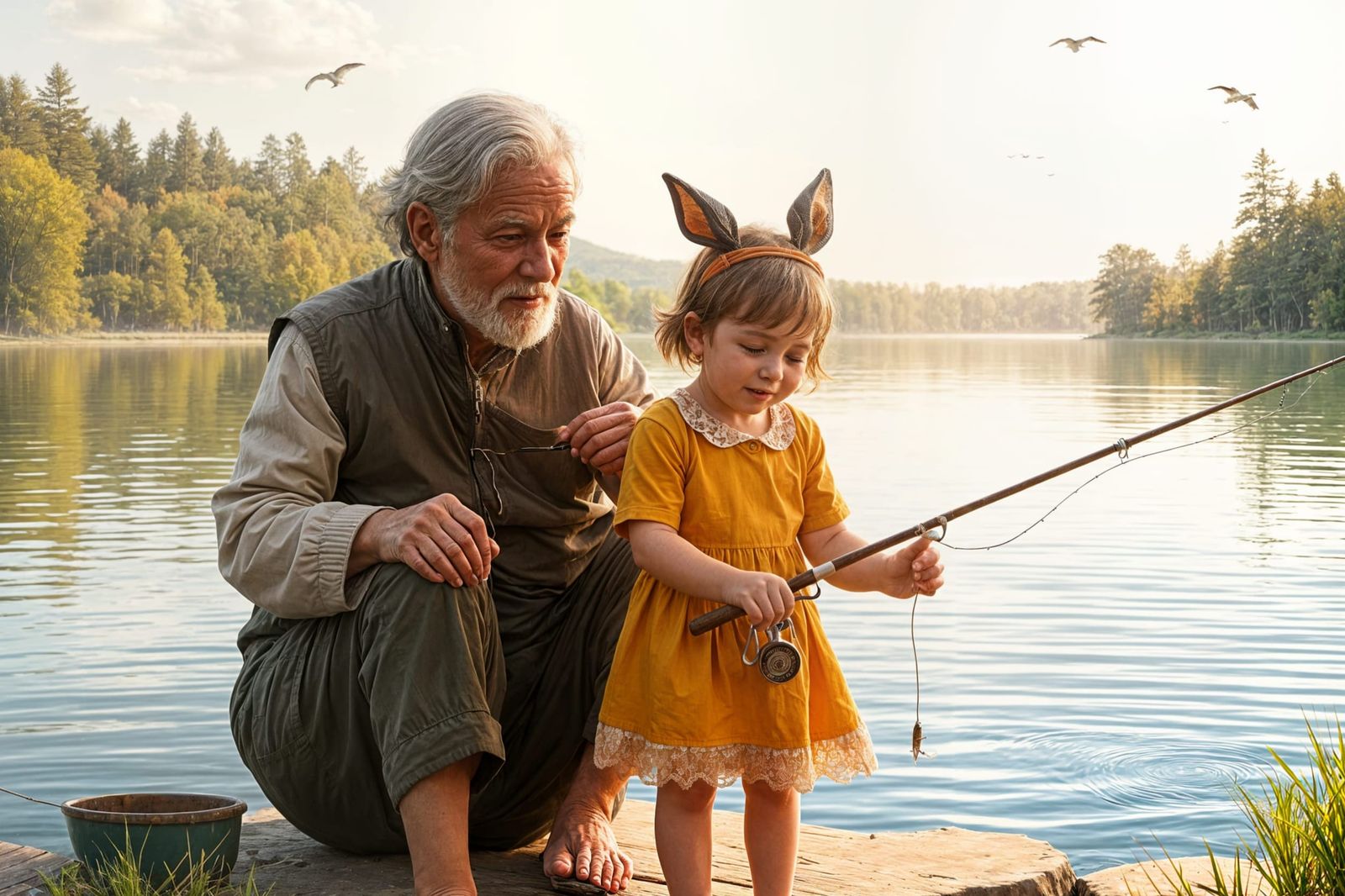 Grandparent and Child Fishing by Lake