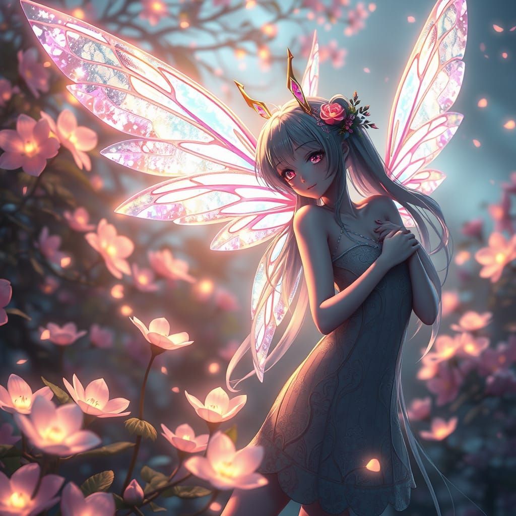Surreal Fairy with Iridescent Wings in a Glowing Garden