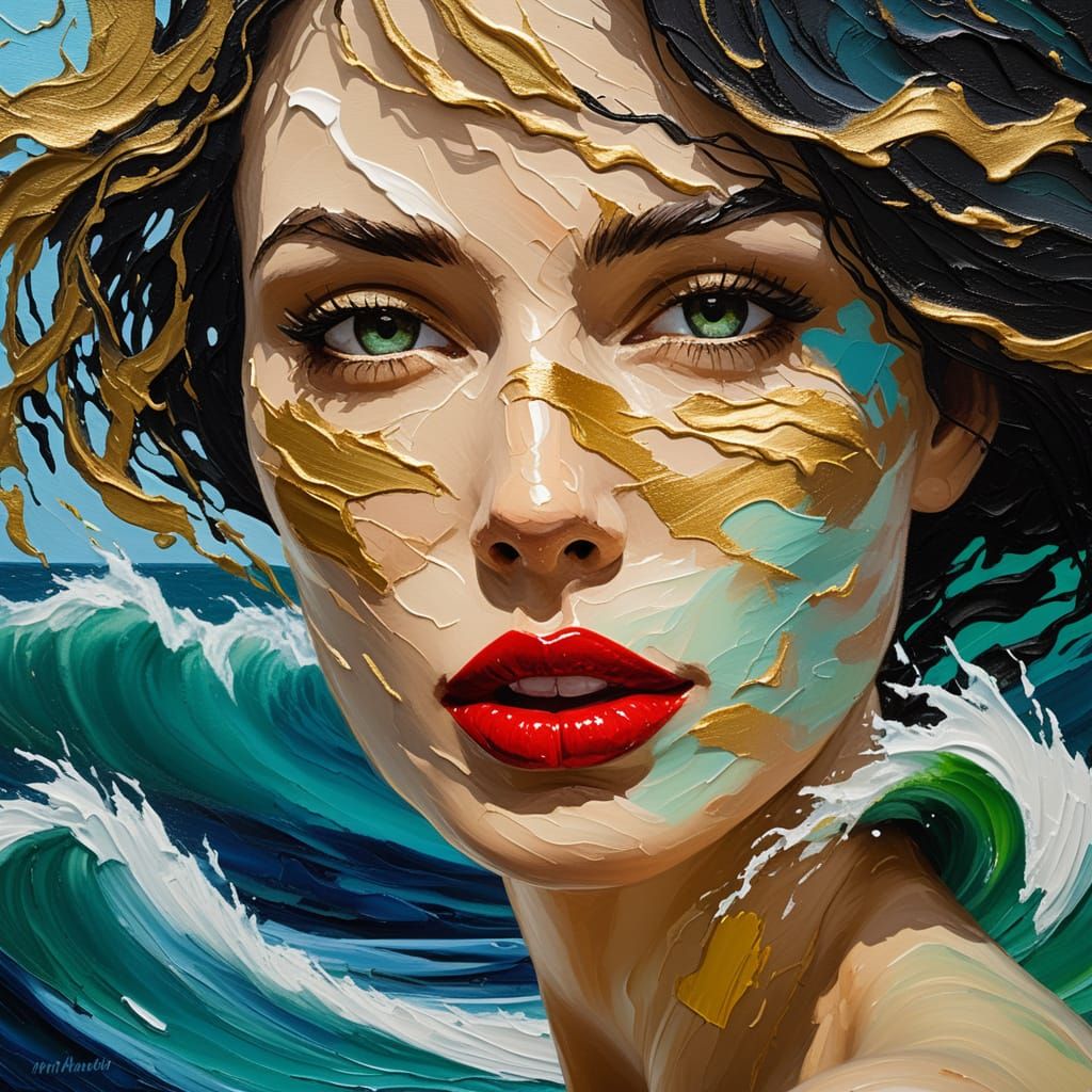 Abstract Female Face with Waves as Impasto Painting