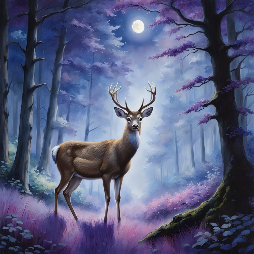 Moonlit Deer in Watercolor Hues