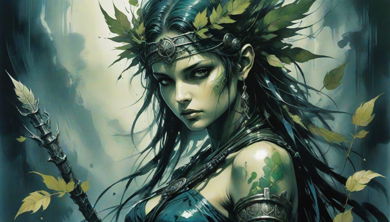 Ancient Goddess Halfling Druid in Dramatic Ink Drawing