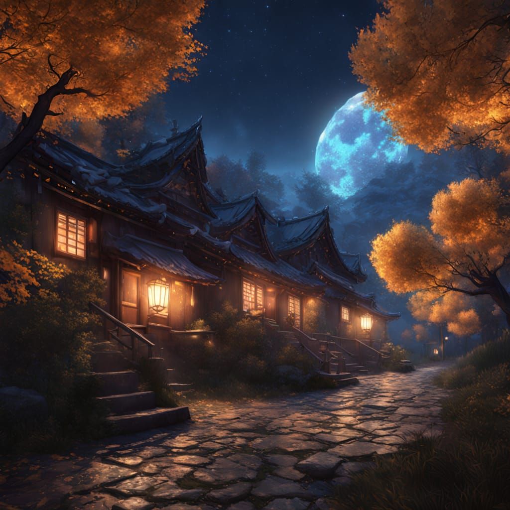 Japanese Village Under Starry Night Sky Digital Matte Painti...