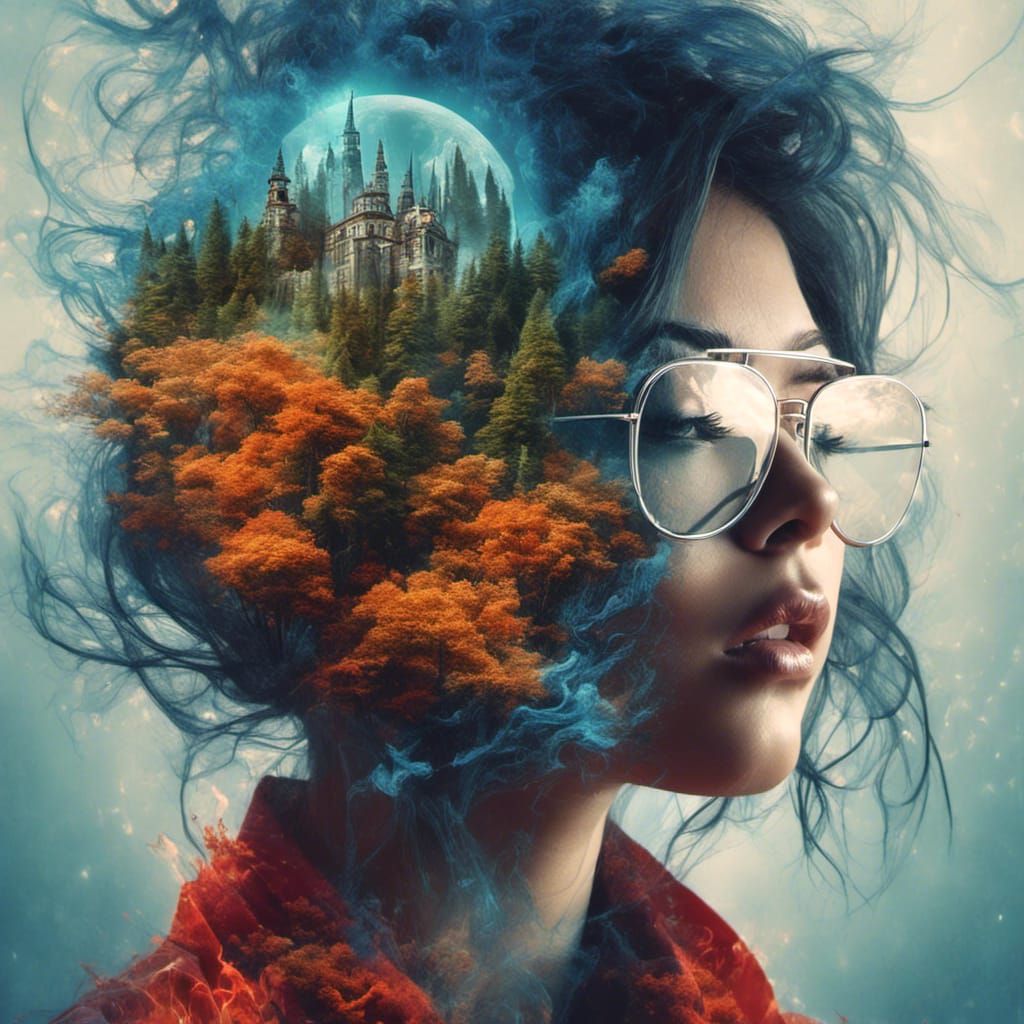 Surreal Double Exposure: Fire and Water in Gothic Style