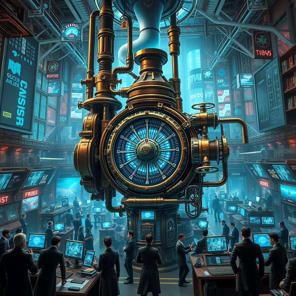 Steampunk Stock Exchange in a Futuristic Metropolis