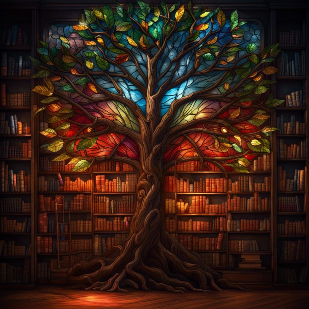 Stained Glass Tree Surrounded by Books