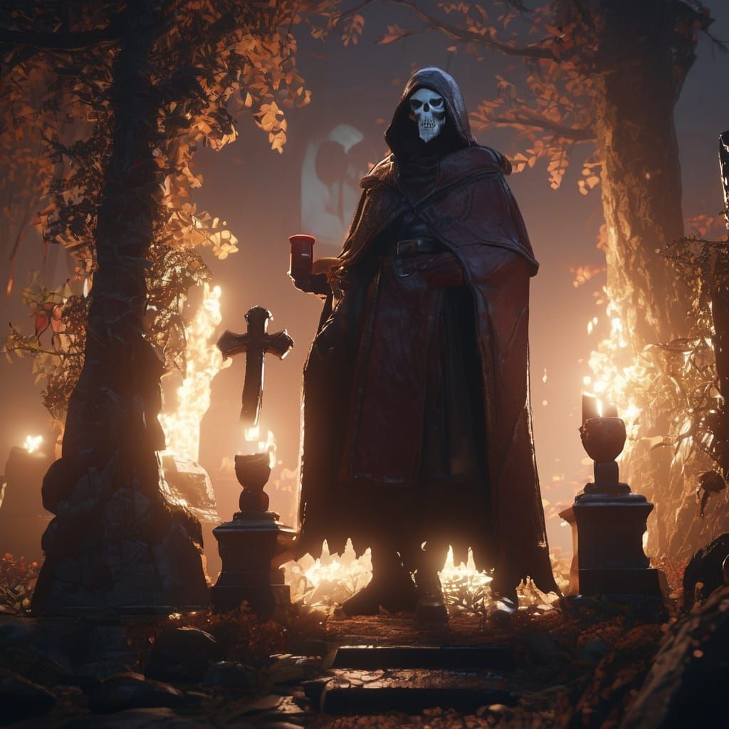 Eerie Cemetery Scene with Mask and Wine Glasses