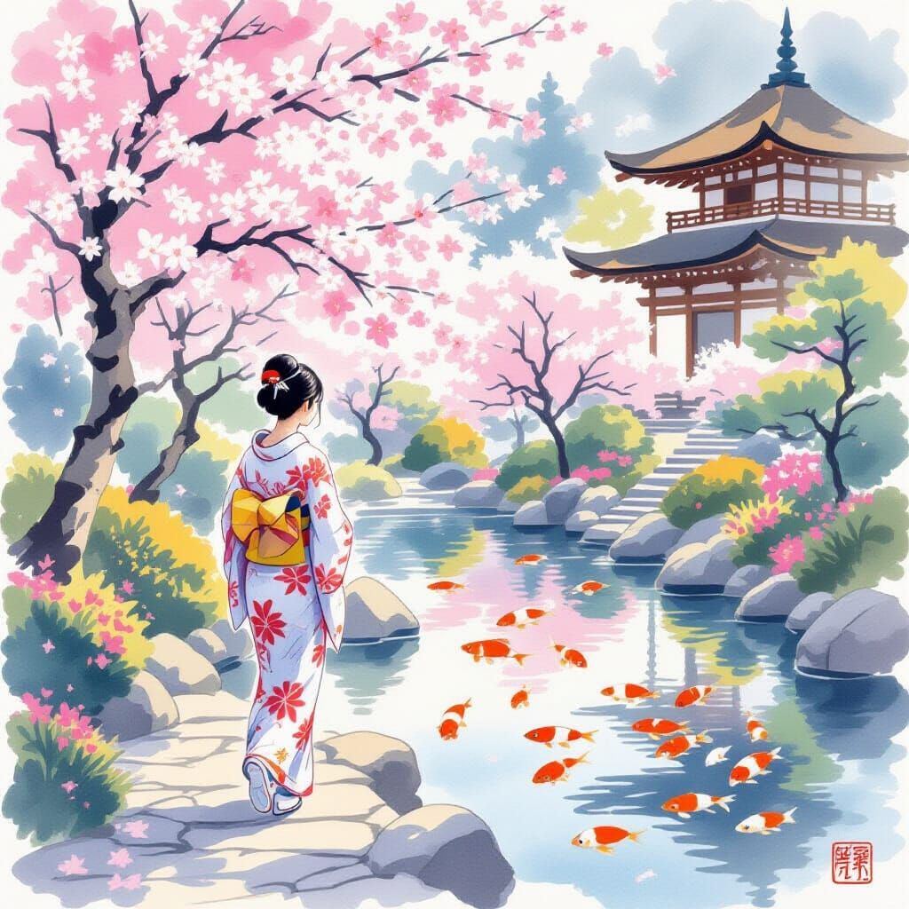 Zen Japanese Tea Garden with Cherry Blossoms