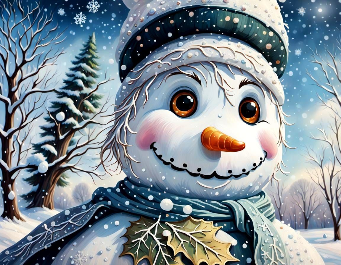 Hyperrealistic Winter Scene with Cute Snowman in Snowy Lands...