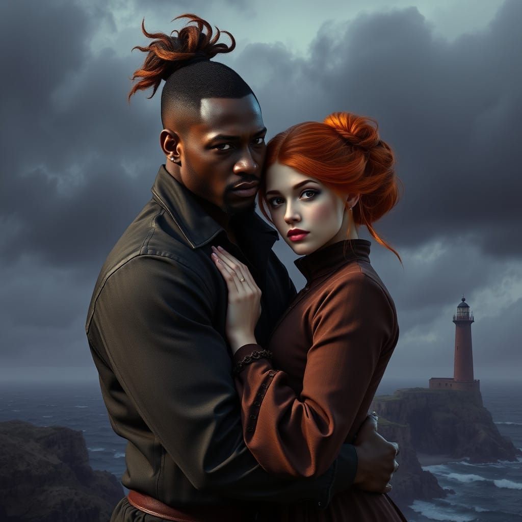 Strong Dark Fantasy Figure Embracing Lover in Victorian-Era...