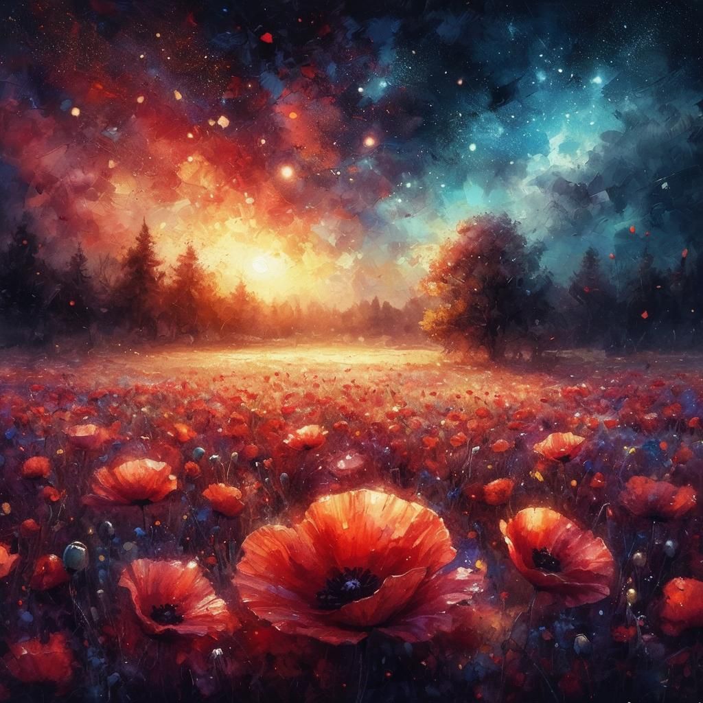 Poppy Field Under Magical Sky in Oil Paint