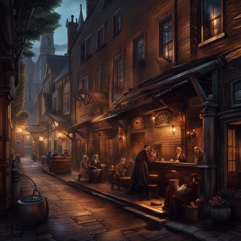 Bar in the Victorian London. The bar is in the angle between two streets. It's cozy, warm, rusting and welcoming