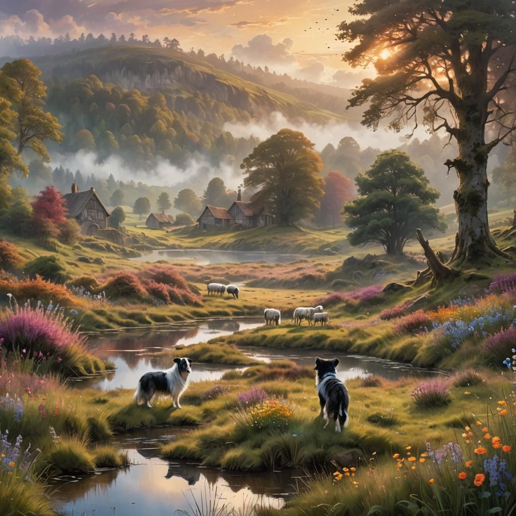 Misty Heathland Farm at Dawn: A Fantasy Landscape