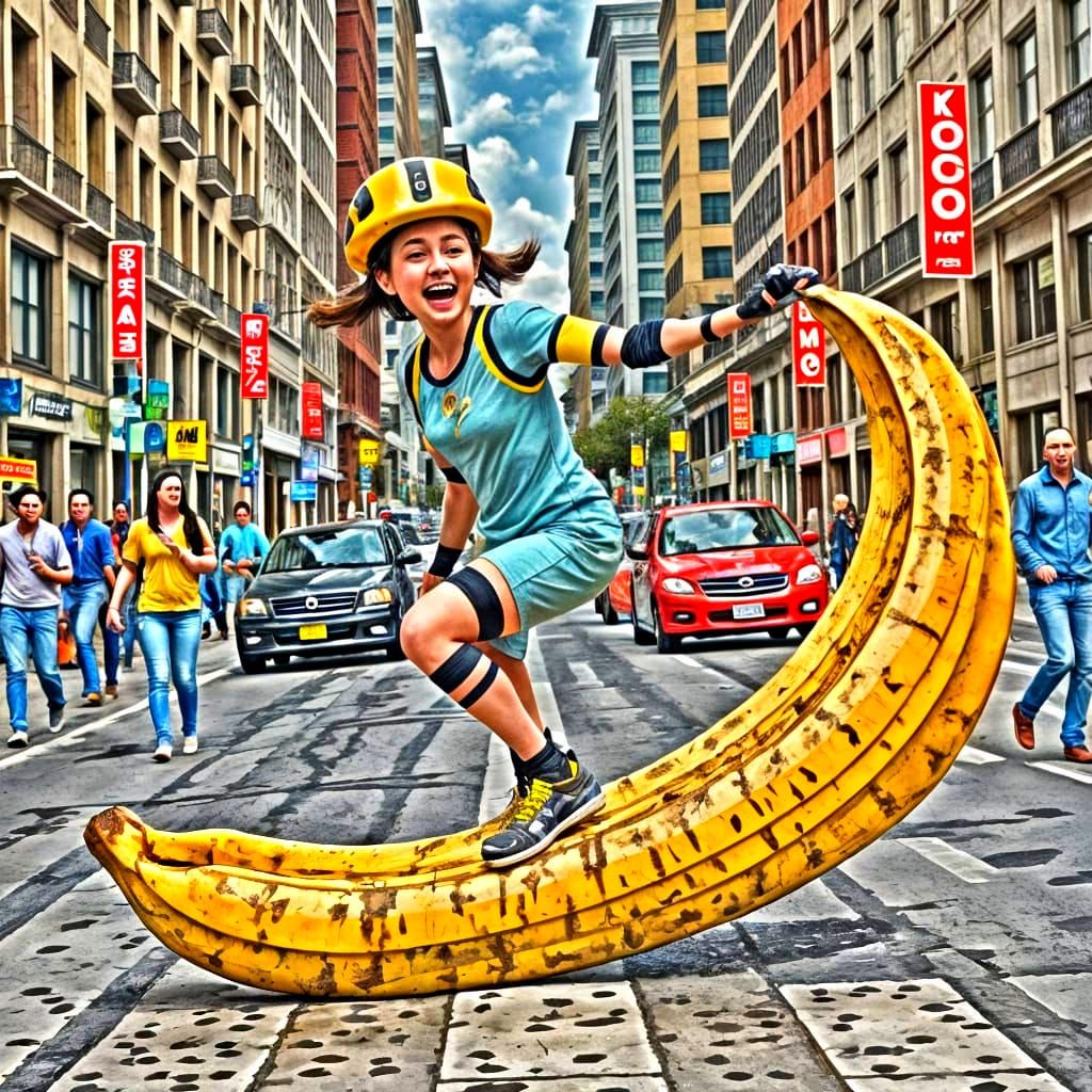 Comical Figure Riding a Giant Banana Peel Down a City Street