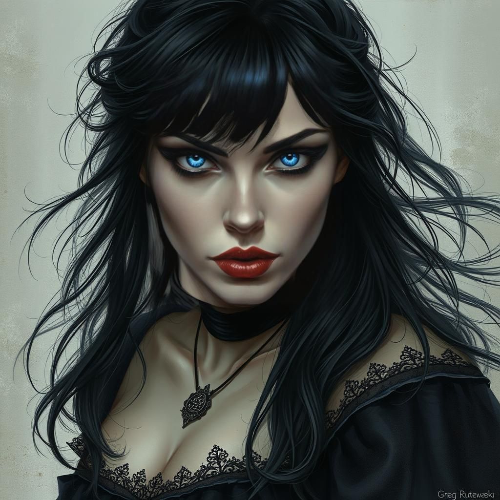 Gothic Woman with Piercing Gaze in Sinister Style