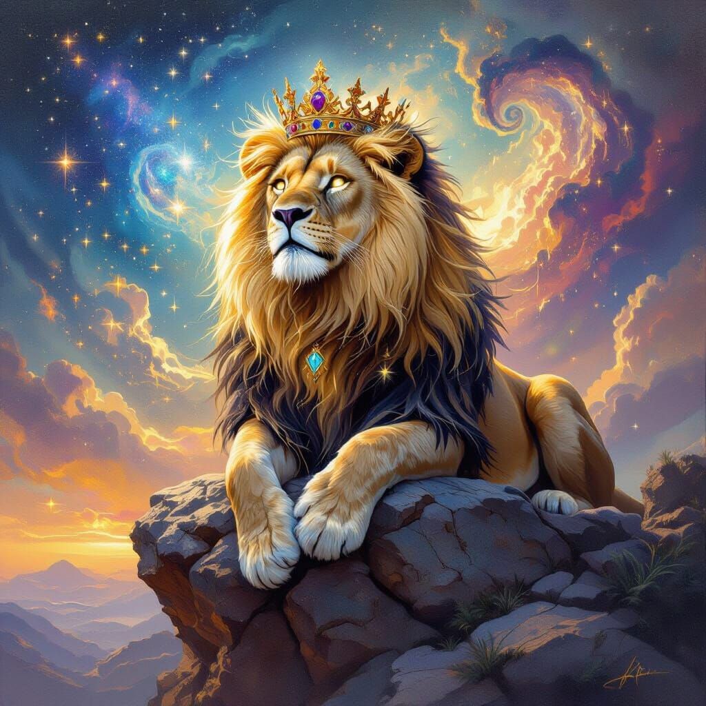 Cosmic Lion King Overlooking Nebula in Oil Painting Style