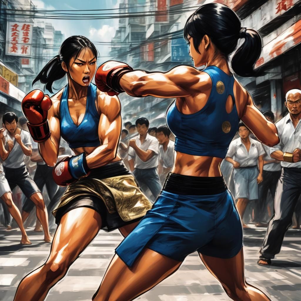 Intense Bangkok Street Kickboxing Fight in Comic Book Style