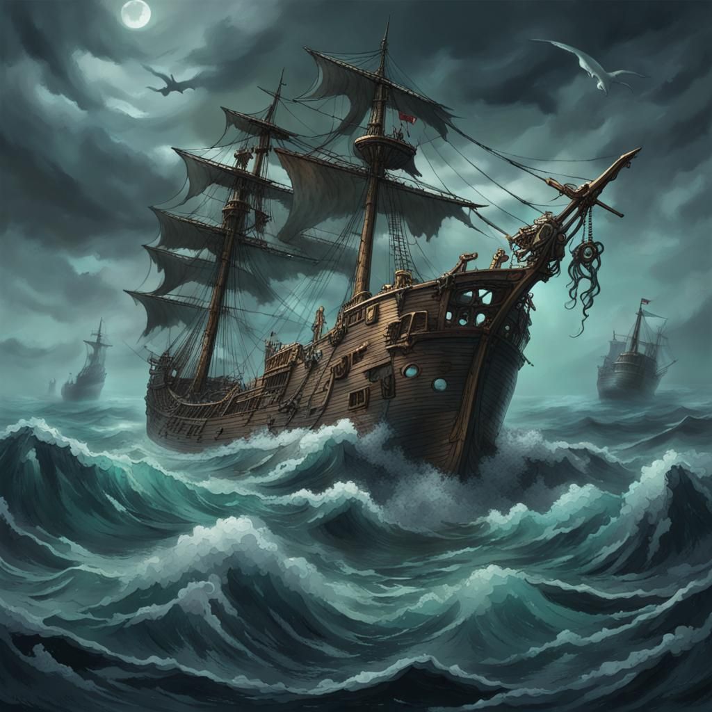 Ghost Pirate Ship and Undead Mermaids in Stormy Seas