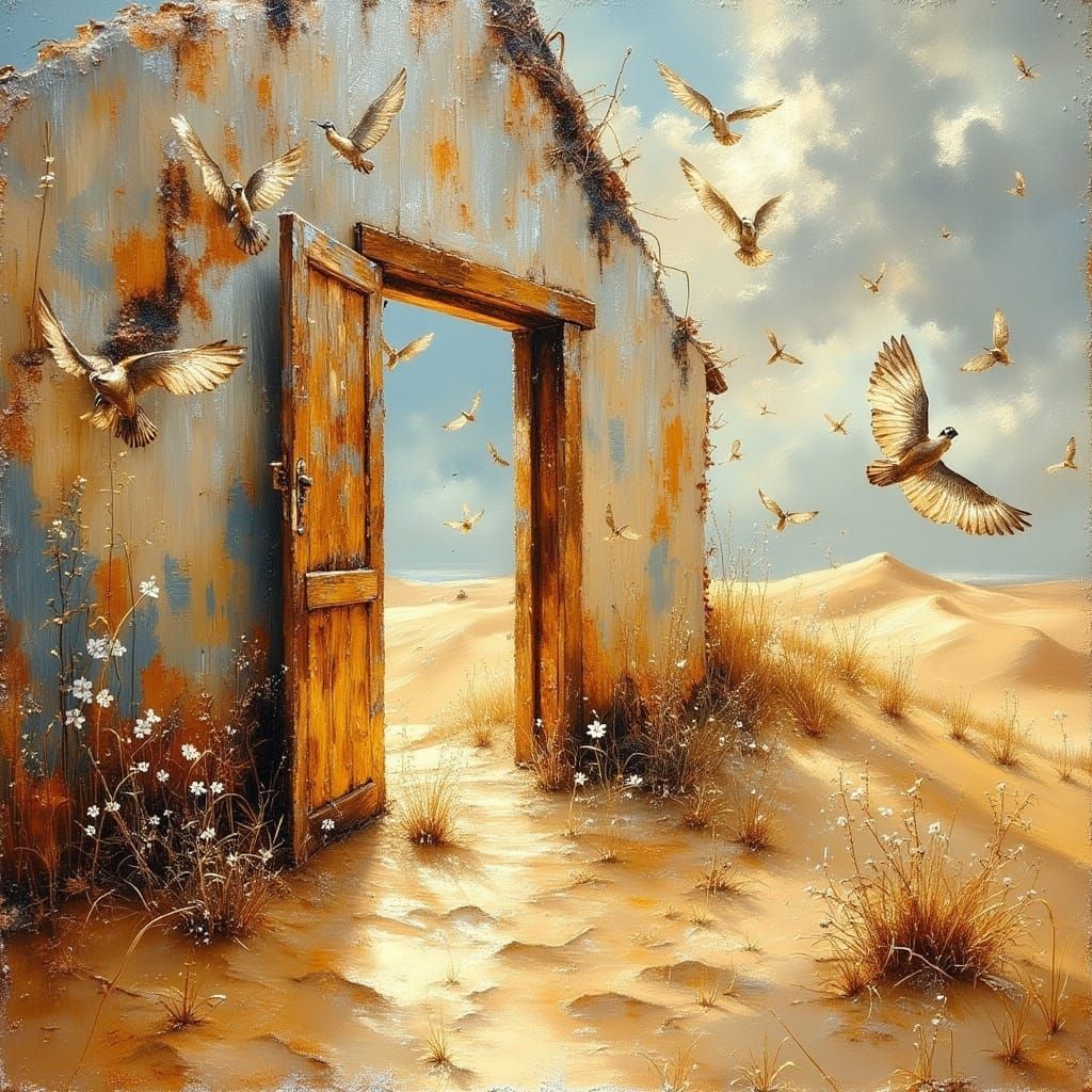 <lora:Exquisite Flux:1.0> View of birds flying into a dilapi...