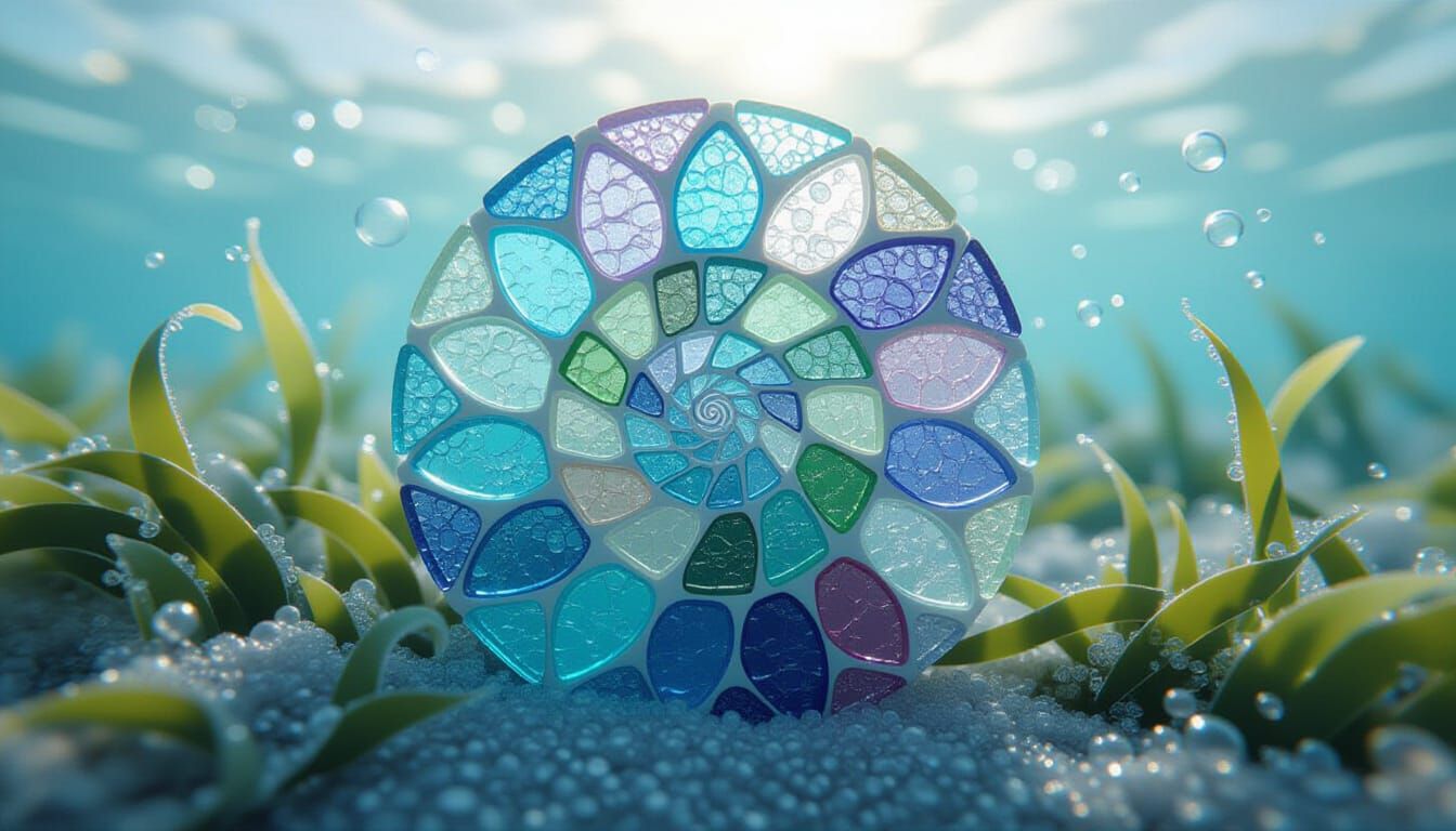 Sea Glass Mosaic Nautilus Shell Section in Blue and Green
