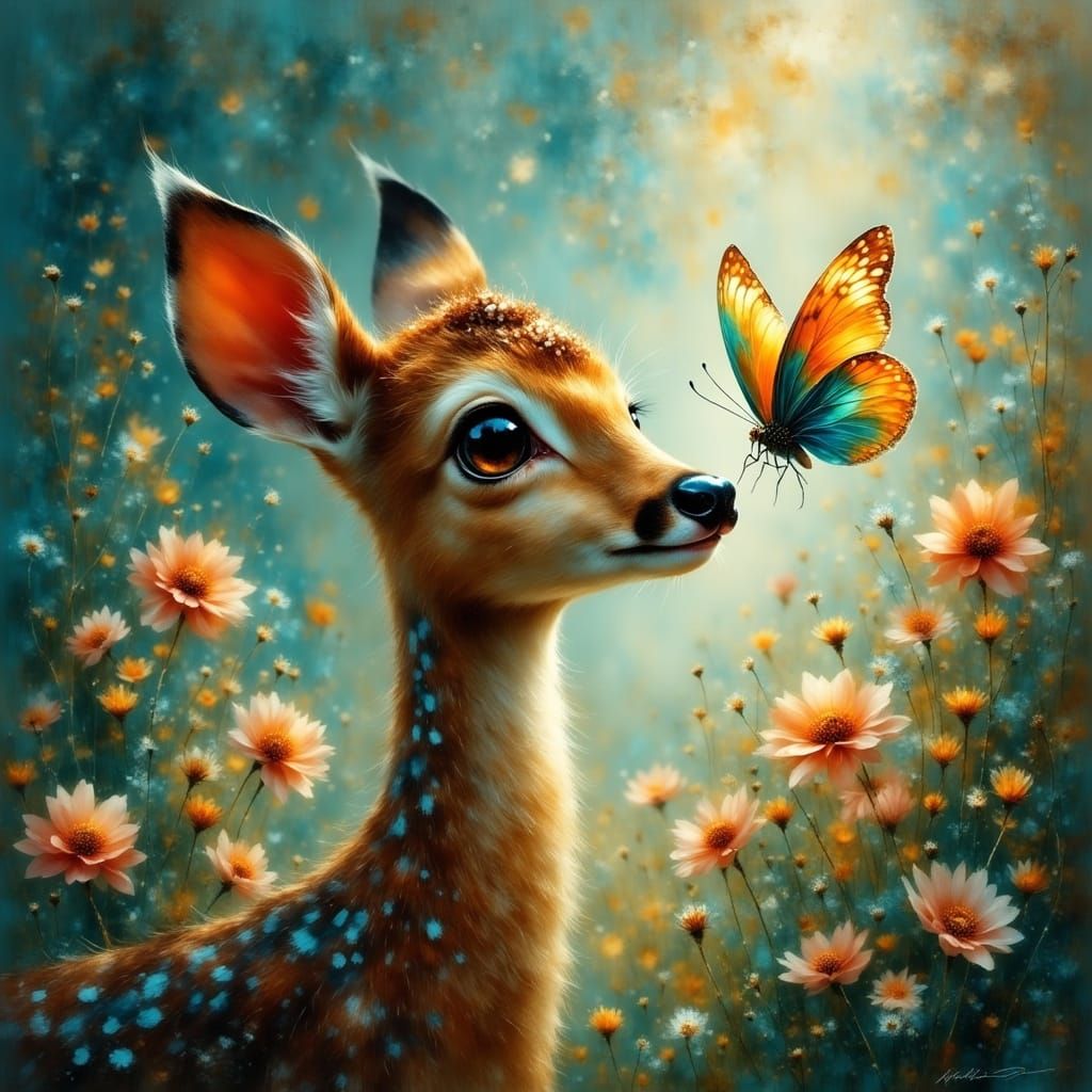 Whimsical Deer Encounters an Iridescent Butterfly in a Vibra...