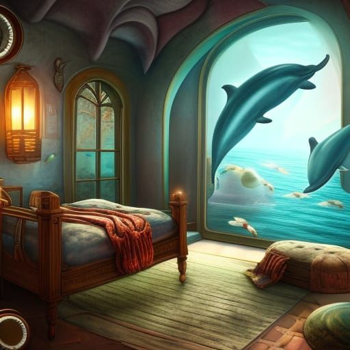 Steampunk Bedroom with Undersea View in Detailed Matte Paint...