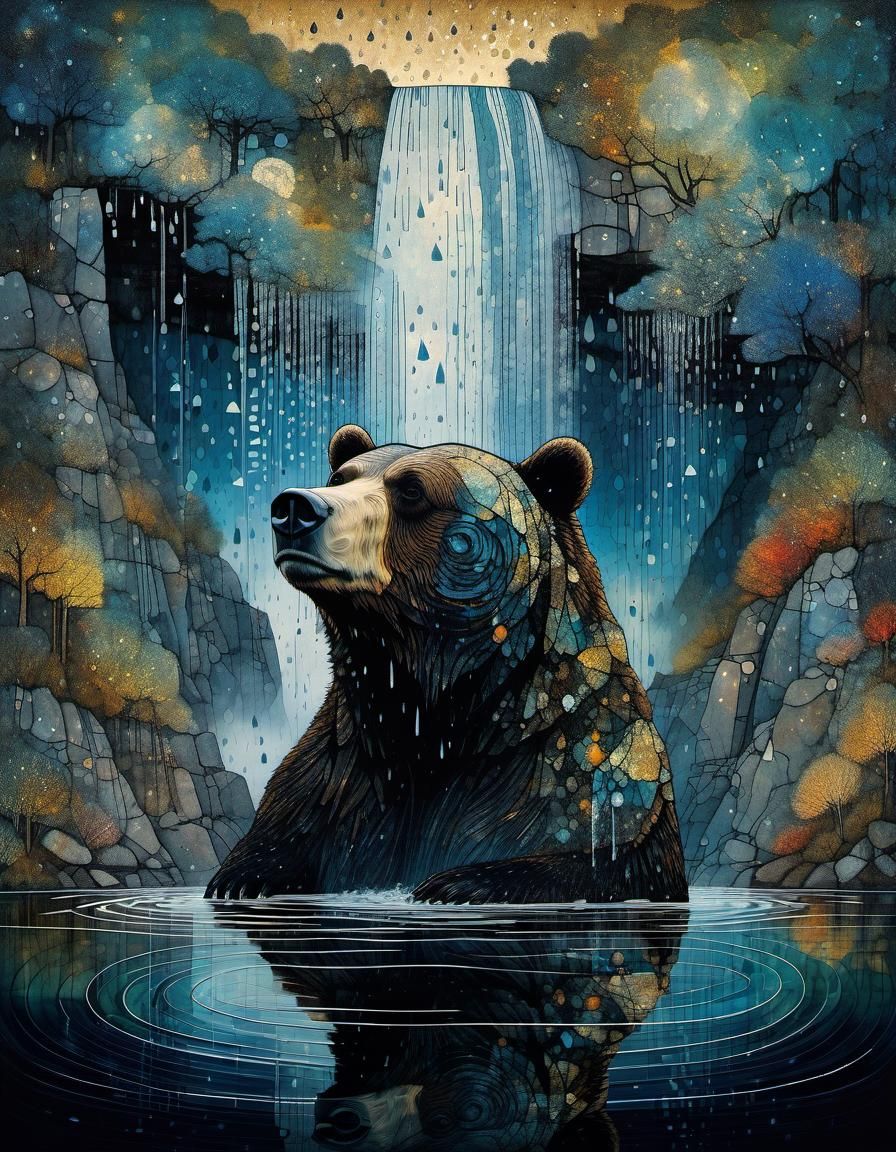 Bear Bathing Under Cliffside Waterfall, Magical Photography