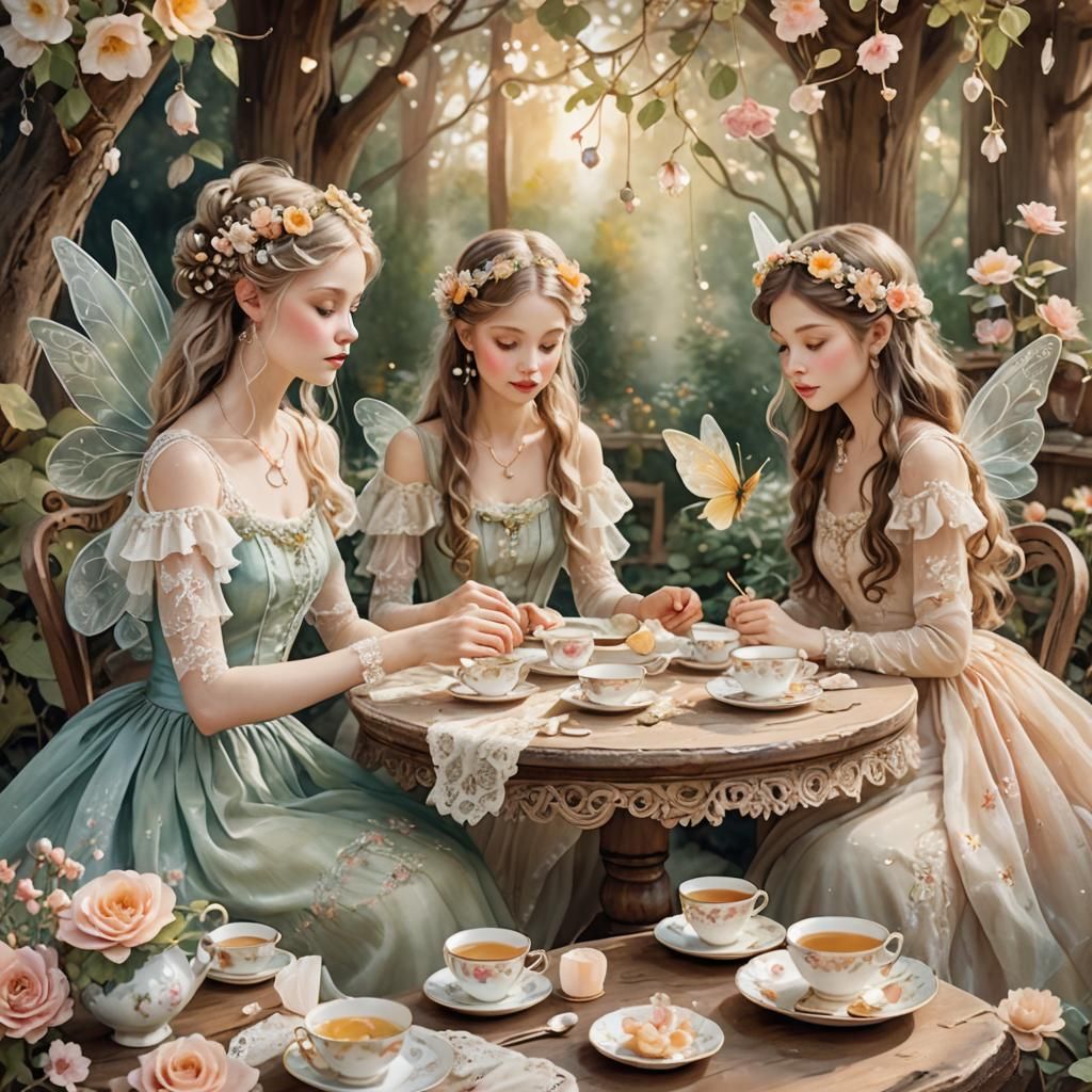 Enchanting Fairies' Tea Party in Watercolor Style